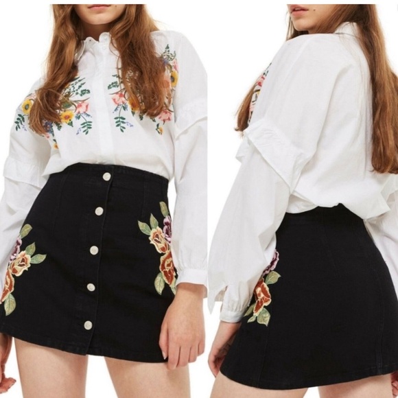 Topshop Moto Black Denim Embroidered Floral Flowers Button Down Mini Skirt - Picture 2 of 4